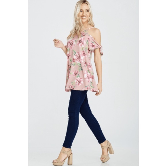 Cold Shoulder Floral Print Top Rose Design - Picture 3 of 5